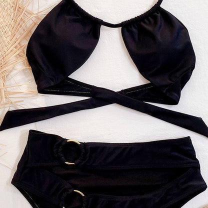 Damernas Hög Midja Bikini med Ringsmycken i Polyester 3