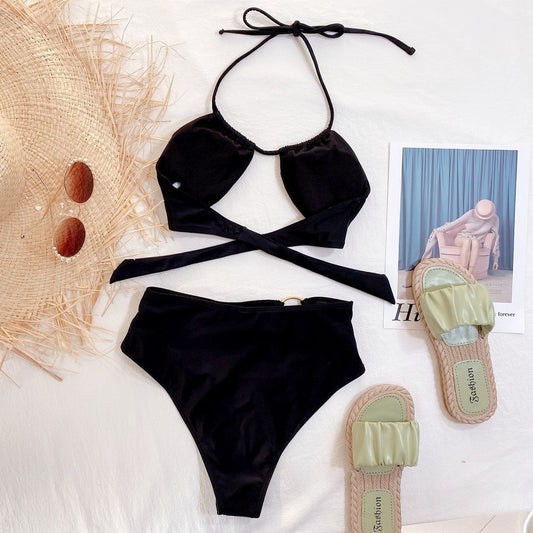 Damernas Hög Midja Bikini med Ringsmycken i Polyester 1