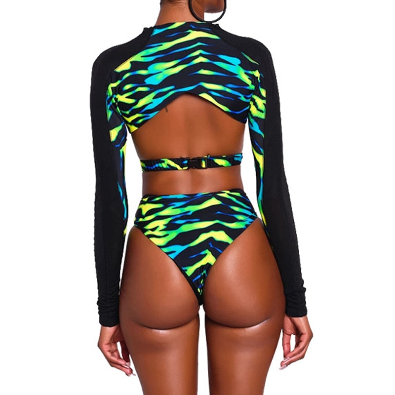 Dam Bikini Set Retro Långärmad Polyester Spandex Hög Midja-2
