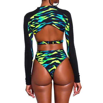 Dam Bikini Set Retro Långärmad Polyester Spandex Hög Midja-2