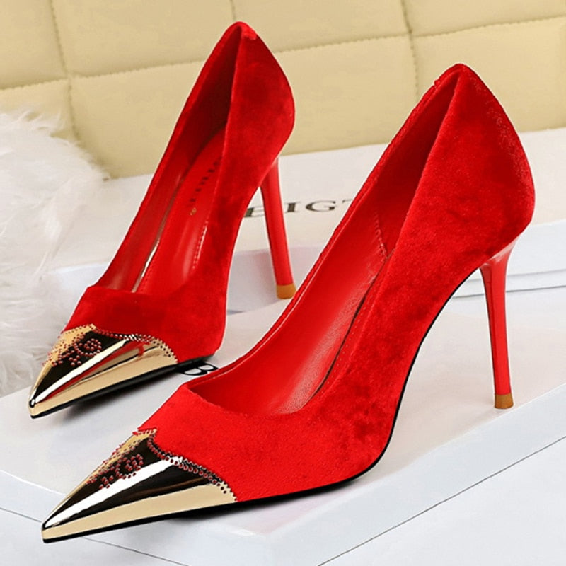 Dam Stiletto Skor i Flock PU-Läder med Metalliska Detaljer-6