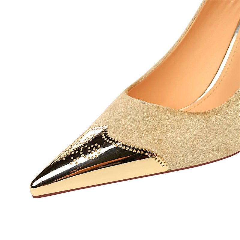 Dam Stiletto Skor i Flock PU-Läder med Metalliska Detaljer-3