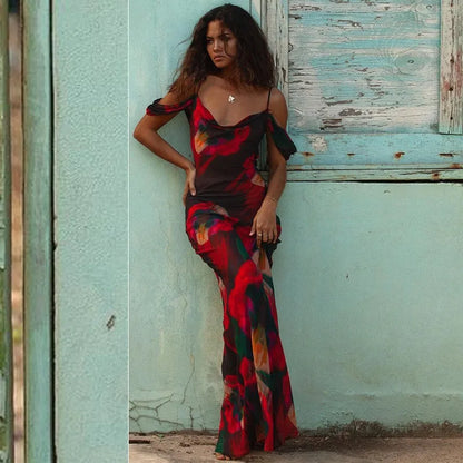 Maxiklänning Dam Vintage Tryck Långa Klänningar Polyester Fria Axlar-5