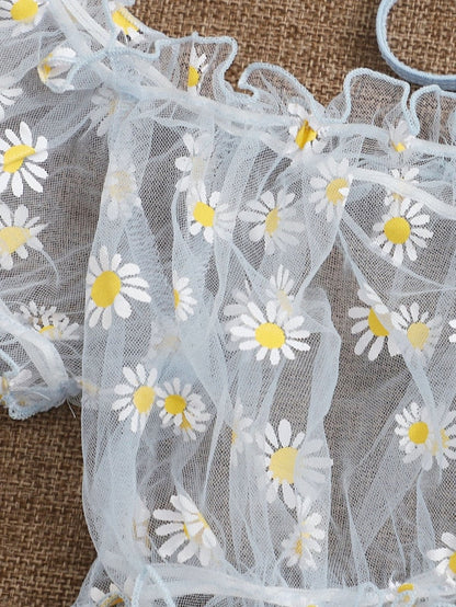 Damunderkläder Set Blommönster Polyester med Snörningsdetaljer och Broderi 3