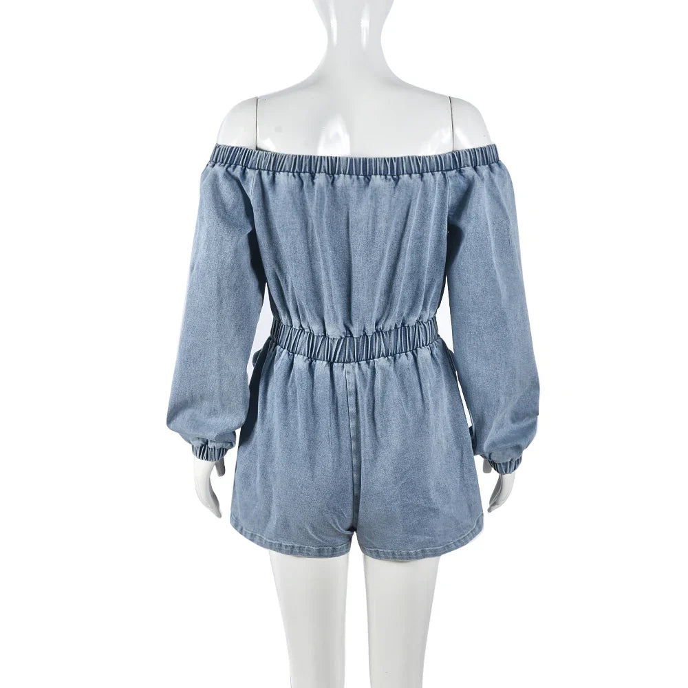 Dam Jumpsuit Löst Snitt Denim med Fickor Polyester-Bomull-6