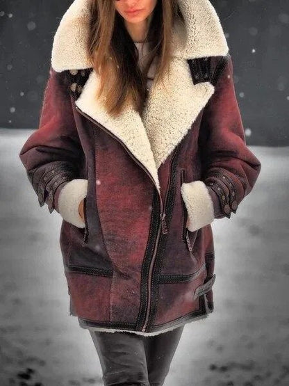 Damjacka Sherpa Läderliknande Stil Varm och Elegant Jacka för Damer 2