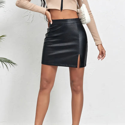 Dam Mini Kjol Mjuk PU-Läder Tight Fit-3