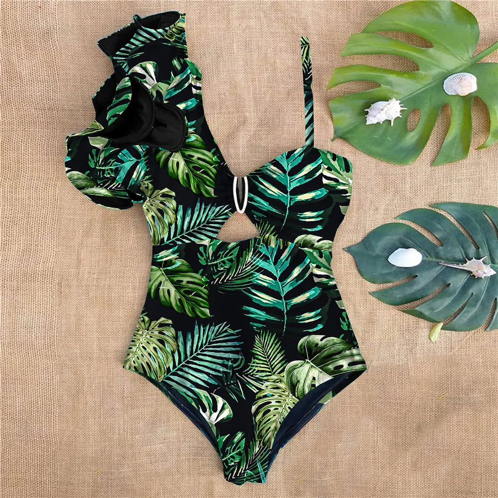Variant image for Baddräkt Dam En Bit Blommönster med Ruffles Elastan Nylon Polyester-28