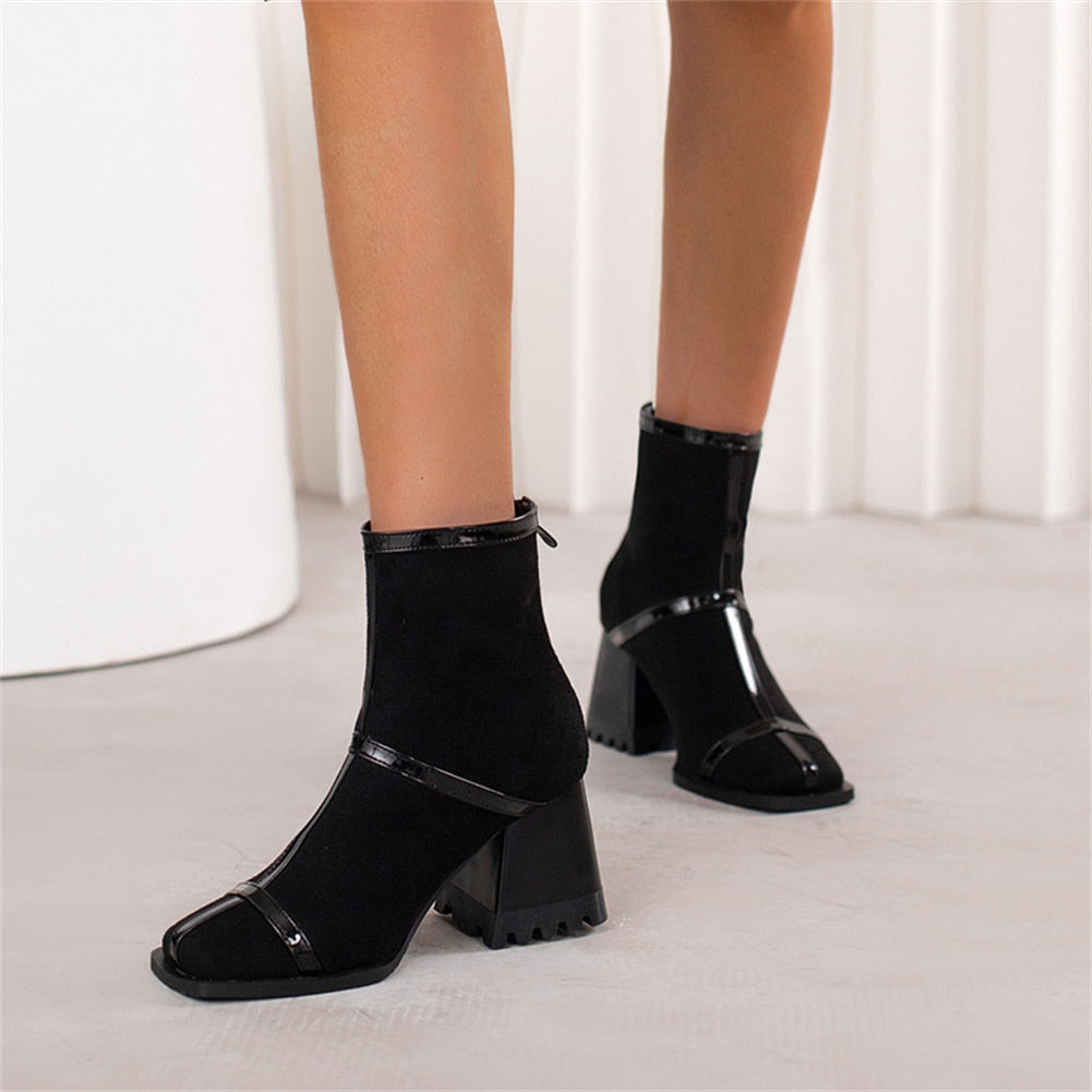 Kvinnors Stövlar Mitten av Kalven Fyrkantig Tå PU-4