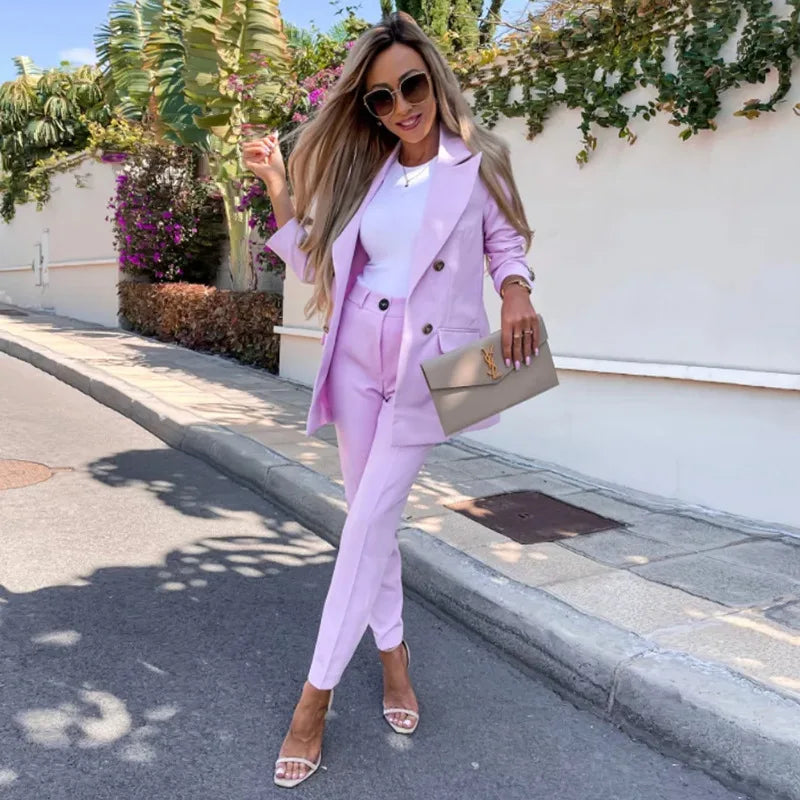 Dam Set Outfit Lång Blazer Kostymbyxor Polyester-5