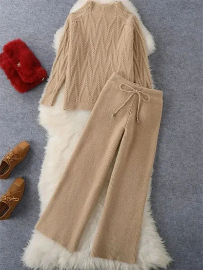 Dam Stickad 2-delad Uppsättning Elegant Akryl 7