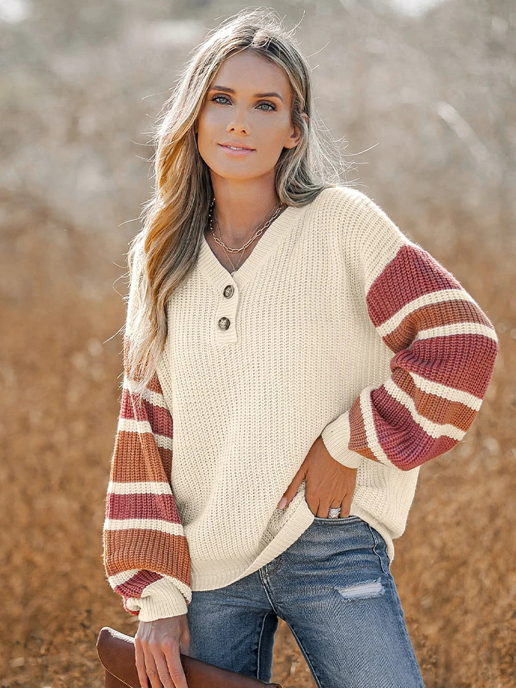 Stickad Dam Tröja V-ringad Mjuk Material Avslappnad Passform-3