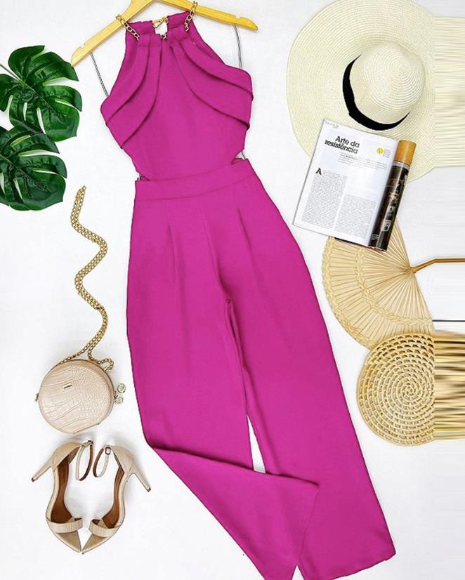 Dam Jumpsuit Monokrom Design Vristlängd Polyester med Kedjeaccenter-1