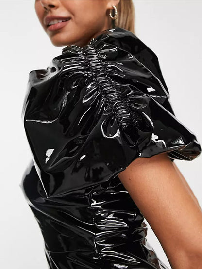 Dam Klänning Mini Puffärmar Syntetiskt Läder 5