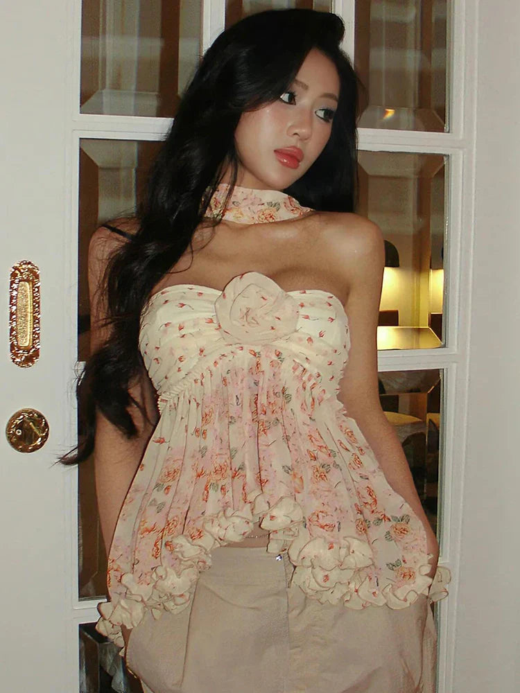 Variant image for Dam Festtopp Blommönster Polyester-Spandex Elegant Samlad Design-1