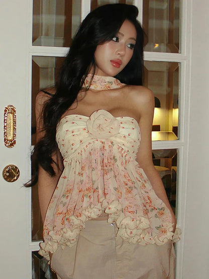 Variant image for Dam Festtopp Blommönster Polyester-Spandex Elegant Samlad Design-1