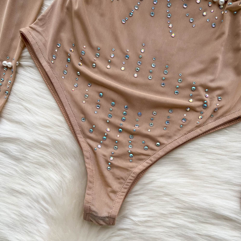 Kvinnors Bodysuit Monokrom Polyester Med Rhinestones-3