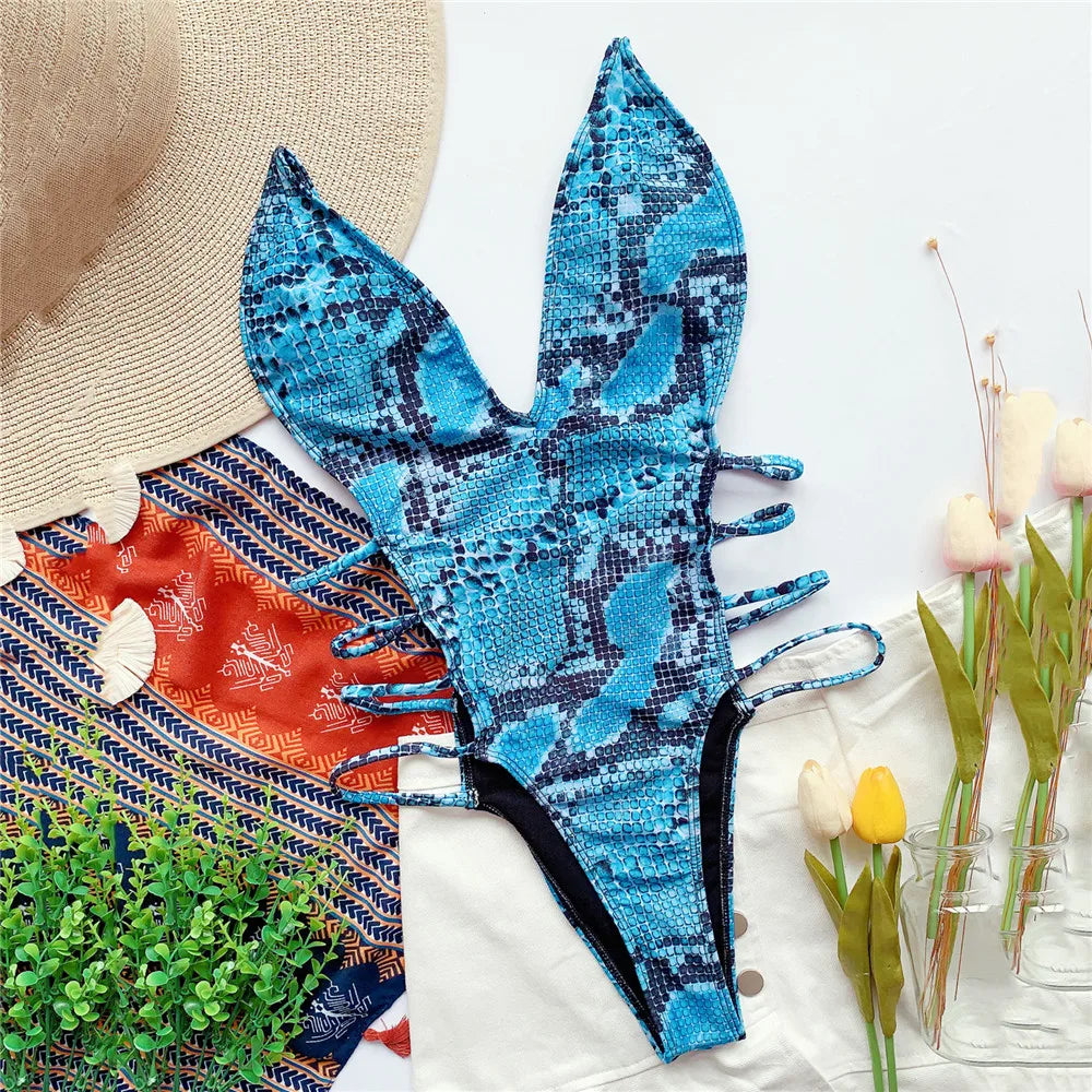 Dam Monokini Justerbara Remmar Ormlädermönster Polyester Spandex 10