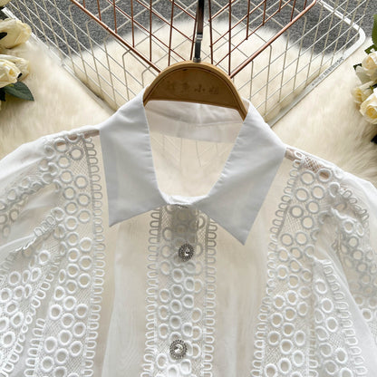 Dam Blus Puffärmar Mjuk Bomull Monokrom 3