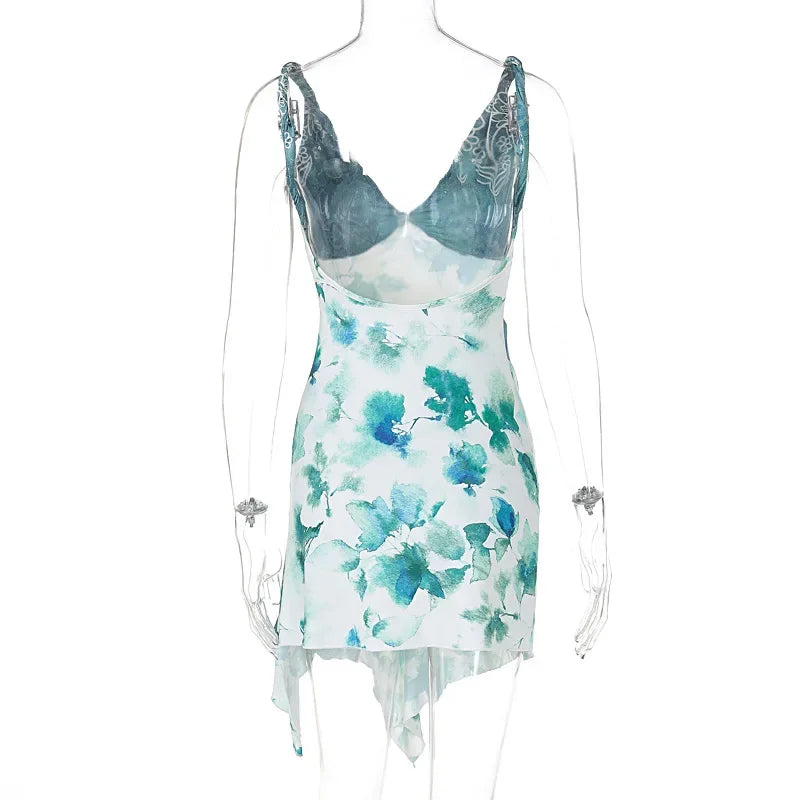 Dam Mini Klänning V-Cut Utskrift Siden Polyester för Sommarfester och Strandutflykter-5