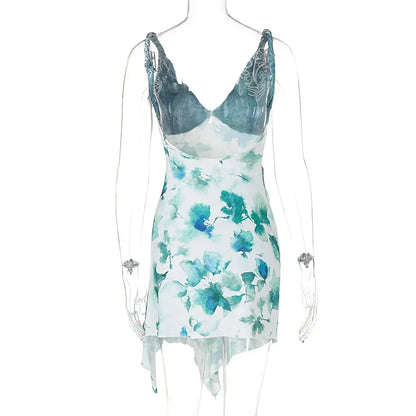 Dam Mini Klänning V-Cut Utskrift Siden Polyester för Sommarfester och Strandutflykter-5