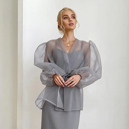 Dam Blus Transparent Organza med Länkbälte Elegant Stil-2