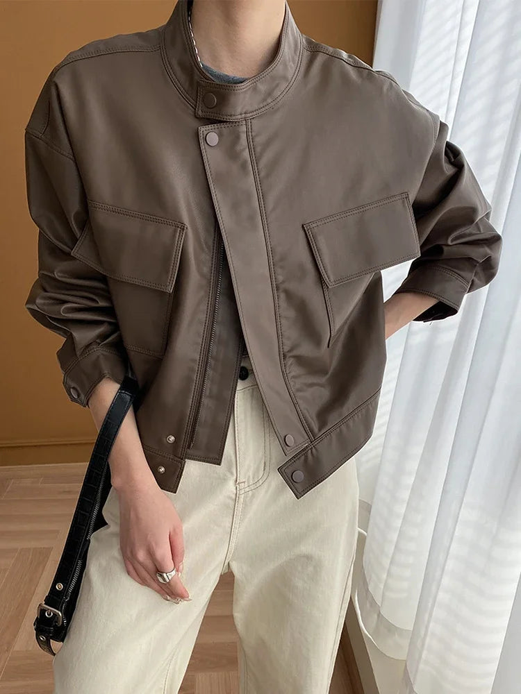 Herrjacka Syntetiskt Läder Modern Design med Dragkedja och Fickor-4
