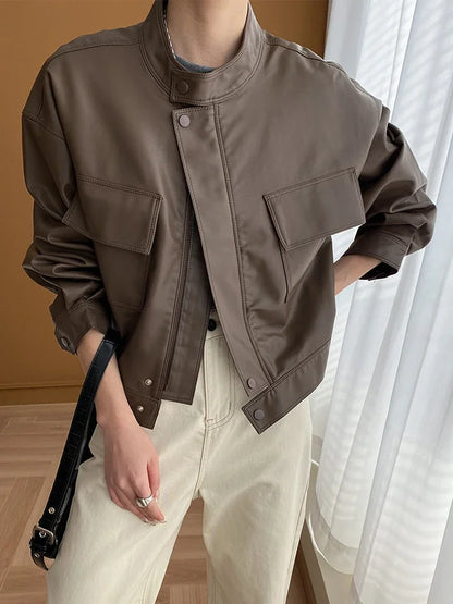 Herrjacka Syntetiskt Läder Modern Design med Dragkedja och Fickor-4