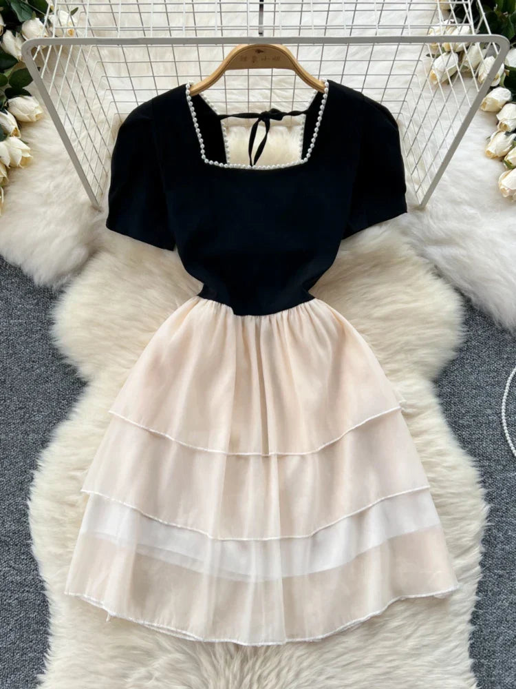 Kvinnors Miniklänning A-linje Fyrkantig Halsringning Polyester-3