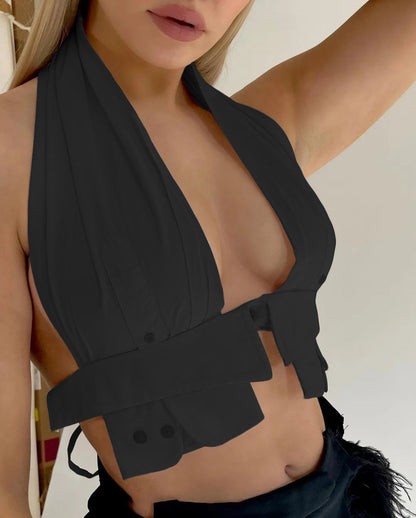 Dam Kortärmad Topp Monokrom Bomull Halterneck-2