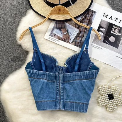 Dam Crop Top Monokrom Denim med Pärldekoration-5