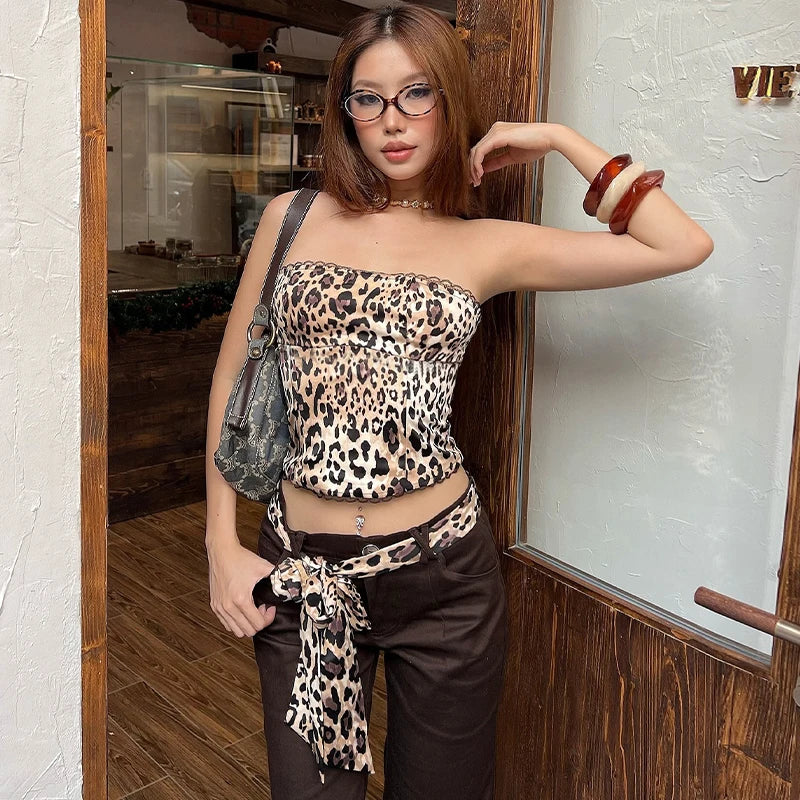 Dam Festtoppar Leopardmönster Polyester Spandex-2