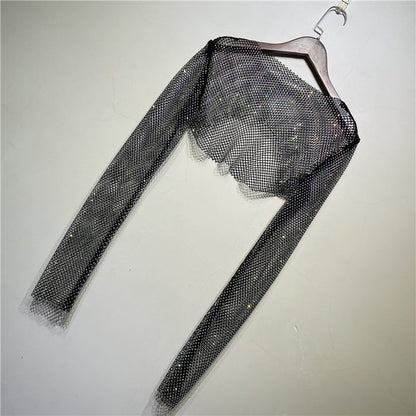 Dam Crop Top med Glansig Dekoration i Polyester – Lång Ärmlängd och Elastisk Passform 8