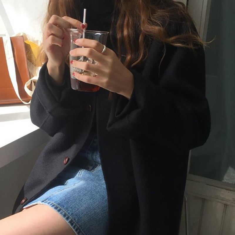 Dam Lång Kappa Enfärgad Ull med Kapuschong-5