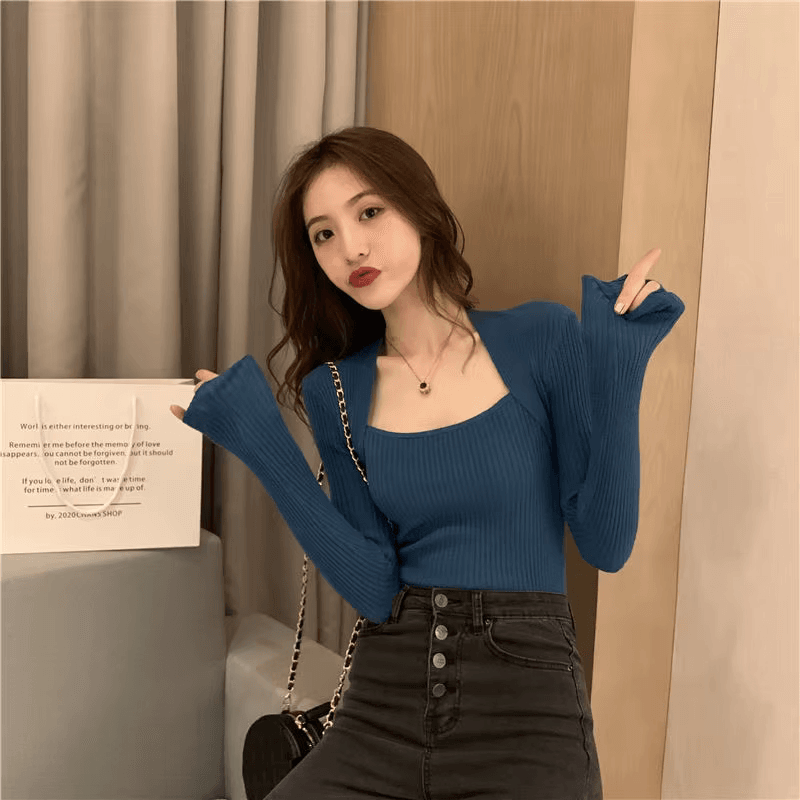 Dam Stickad Tröja Fyrkantig Krage Mjuk Andningsbar Loose Fit-5