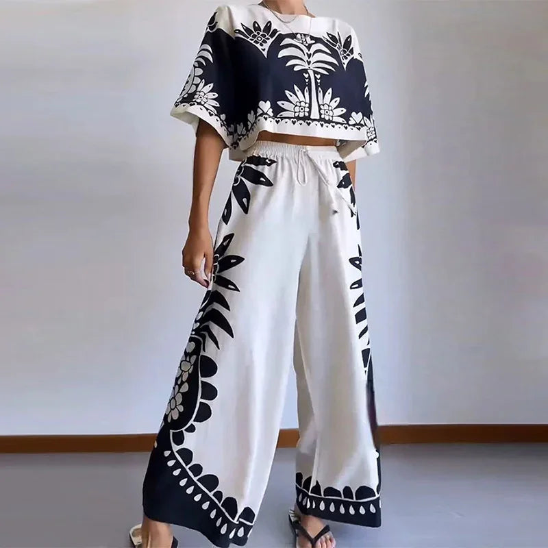 Dam Blommig Uppsättning Bredbyxor 100% Polyester-1