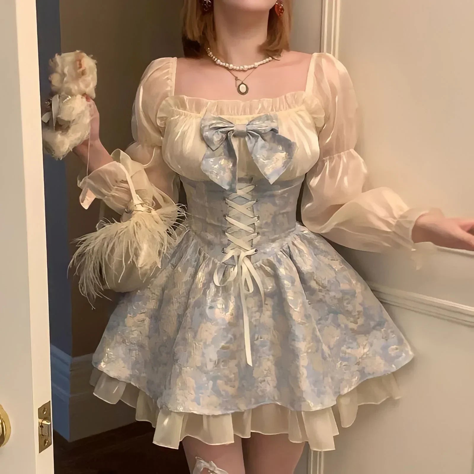 Kvinna Mini Klänning Långa Ärmar Polyester Organza-2