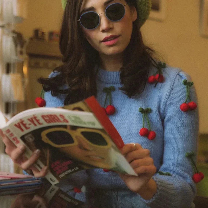 Dam Tröja Vintage Stil med Körsbärsmönster Polyester-3