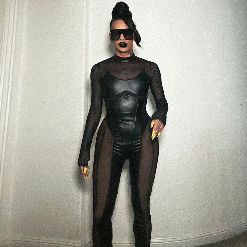 Dam Jumpsuit Långärmad Transparent Mesh Polyester-5