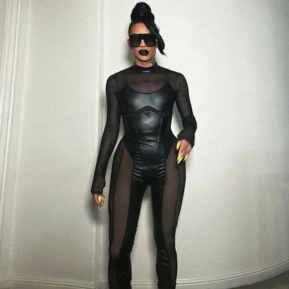 Dam Jumpsuit Långärmad Transparent Mesh Polyester-5