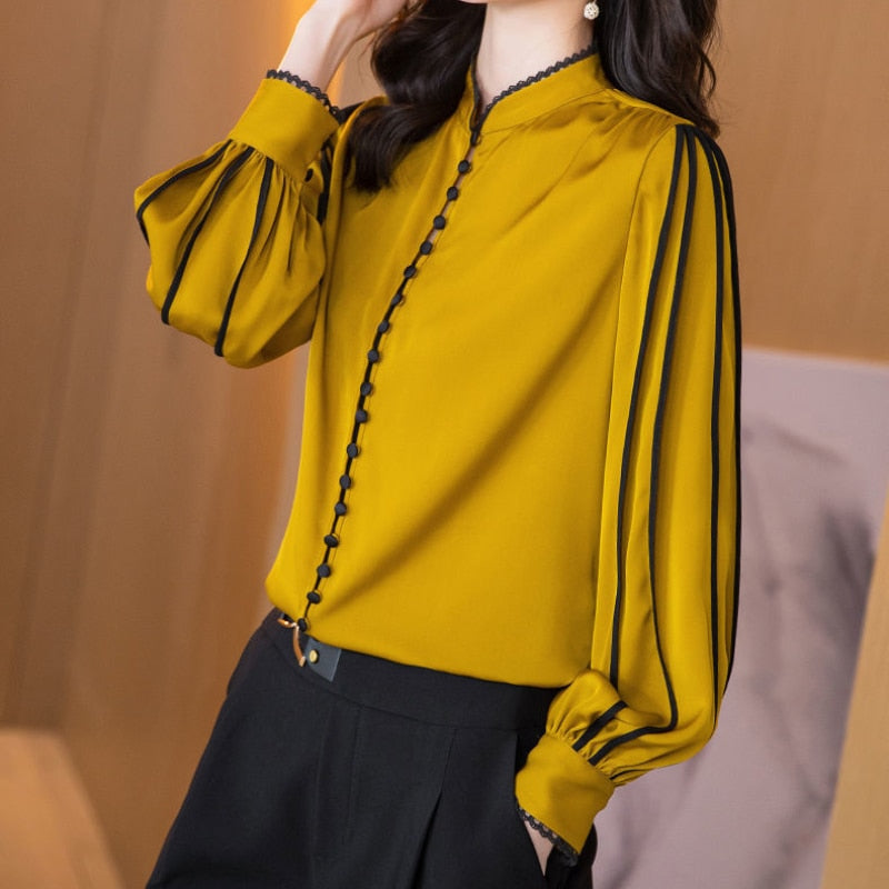 Dam Blus Monokrom Enkel Design Polyester-4