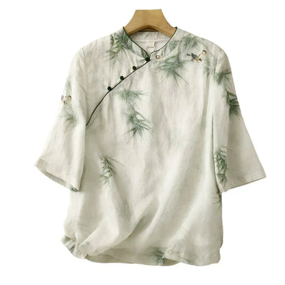 Kvinnors T-Shirt Kortärmad Bomulls- och Linneblandning-1