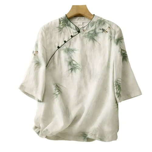 Kvinnors T-Shirt Kortärmad Bomulls- och Linneblandning-1