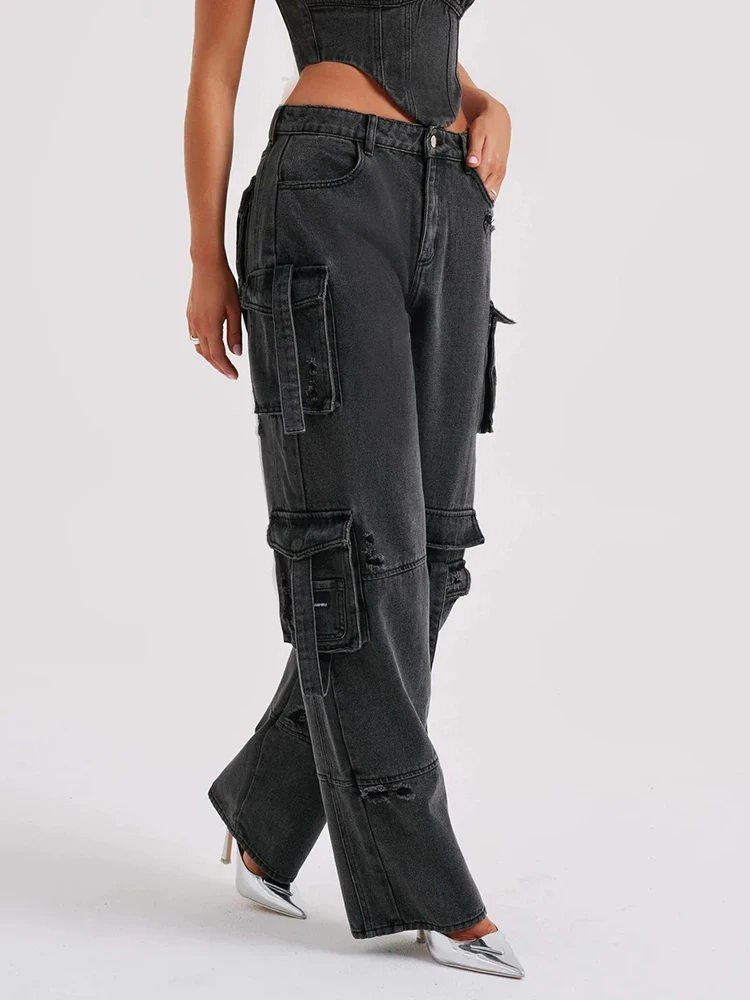 Herr Cargobyxor Hög Midja Denim Urban Stil-6