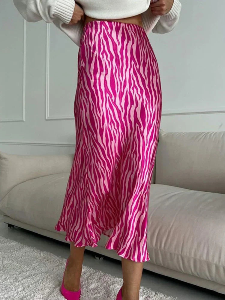 Dam Midi Kjol Hög Midja Mönstrad i Högkvalitativt Tyg-2