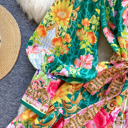 Kvinna Miniklänning A-Line Linne med Blommönster-4