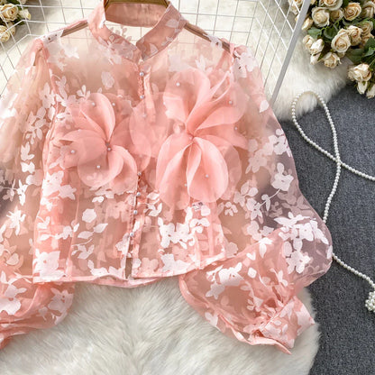 Dam Blus Blommönster Polyester Akryl Normal Passform-2