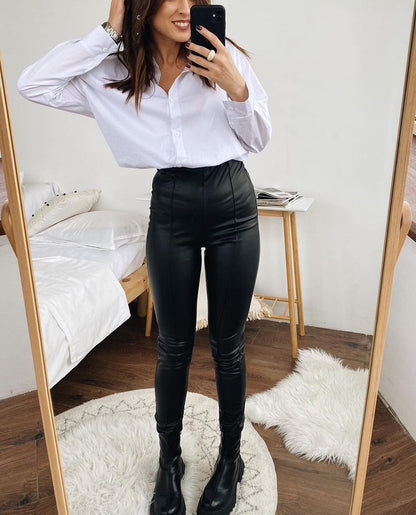 Dam Läderleggings Stretch Fleece Fodrade-6