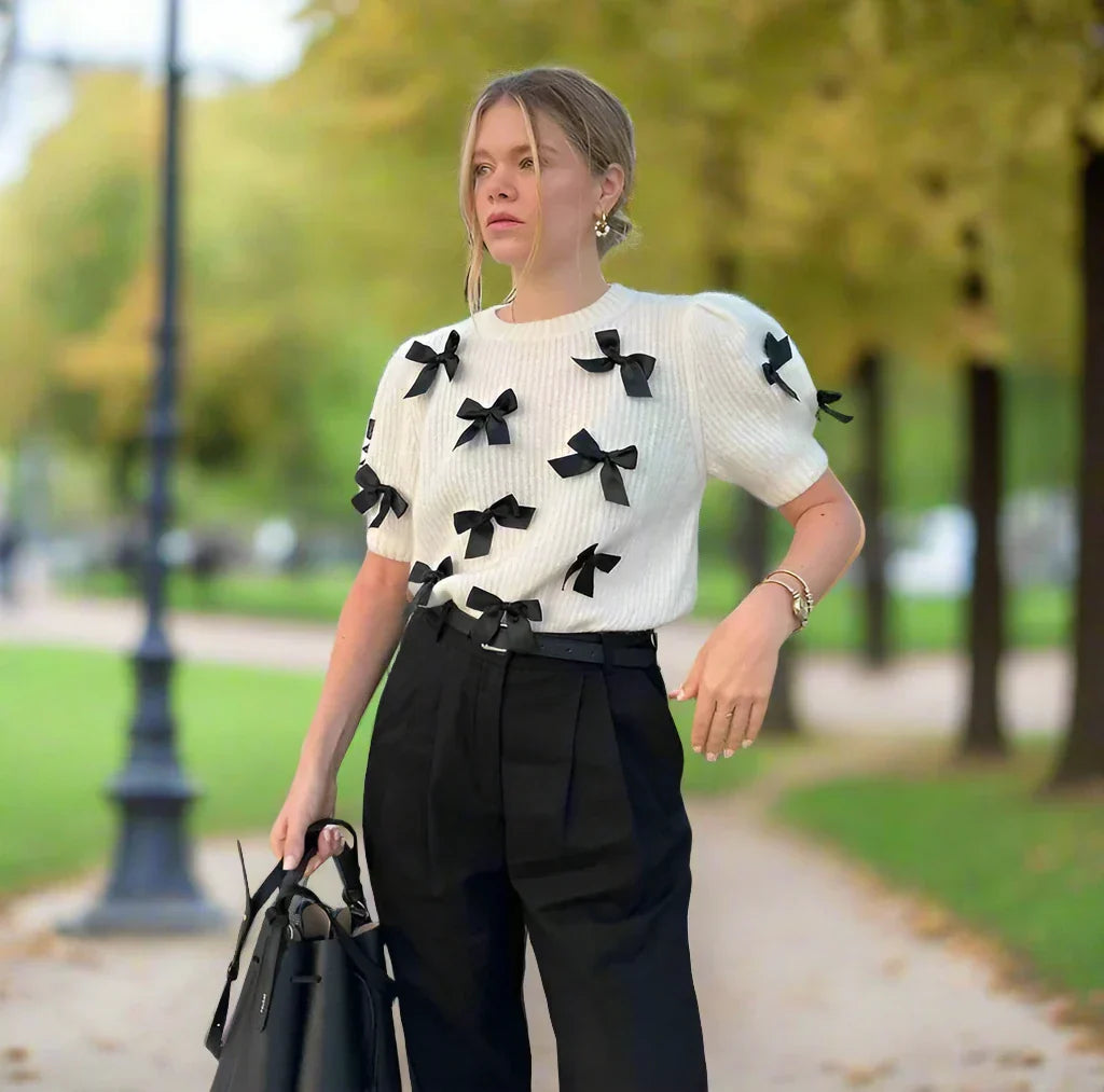 Dam Tröja Puffärmar Polyester Kort Klippning-2