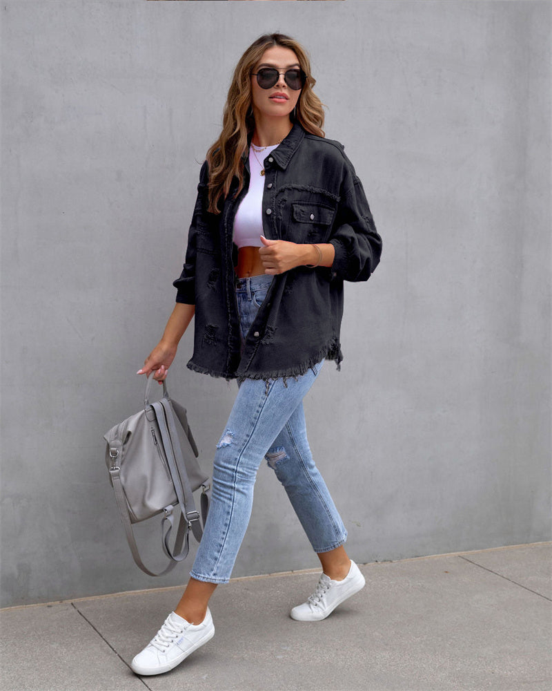 Dam Jeansjacka Skjorta-Stil Avslappnad Denim med Hål-6